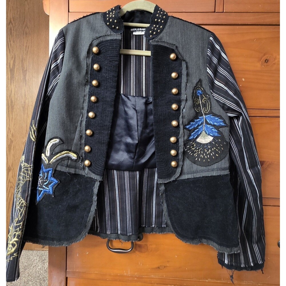 Basil &Maude Military Jacket Size Medium  Embroidered Patch Art Whimsy Moto